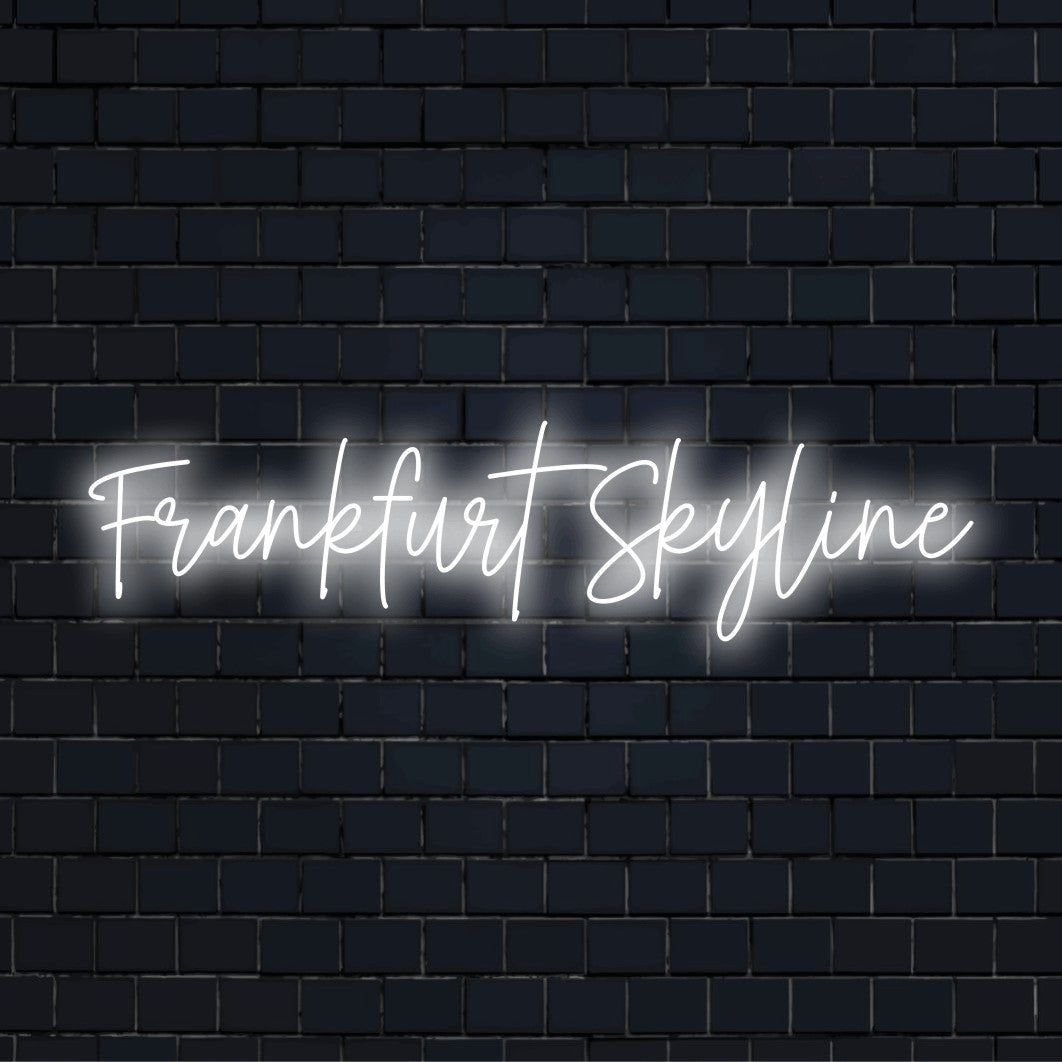 Frankfurt Skyline Neon Light with neon text light against black brick wall