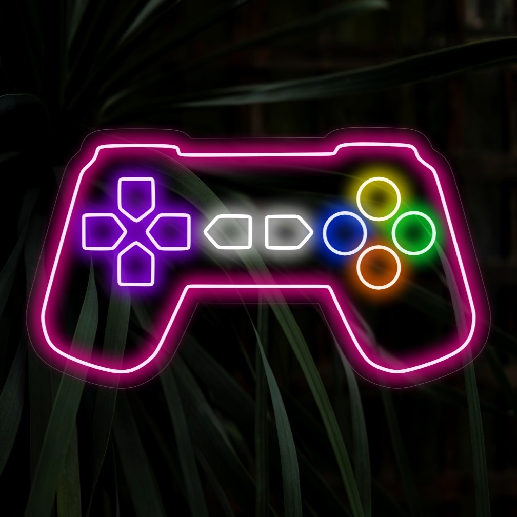Um letreiro de neon com controle de jogo para decoração com tema de jogo, emitindo uma luz vibrante e cativante
