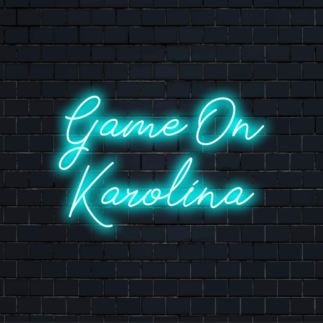 Game On Karolina Custom Name Neon Sign, neon text light on black brick background