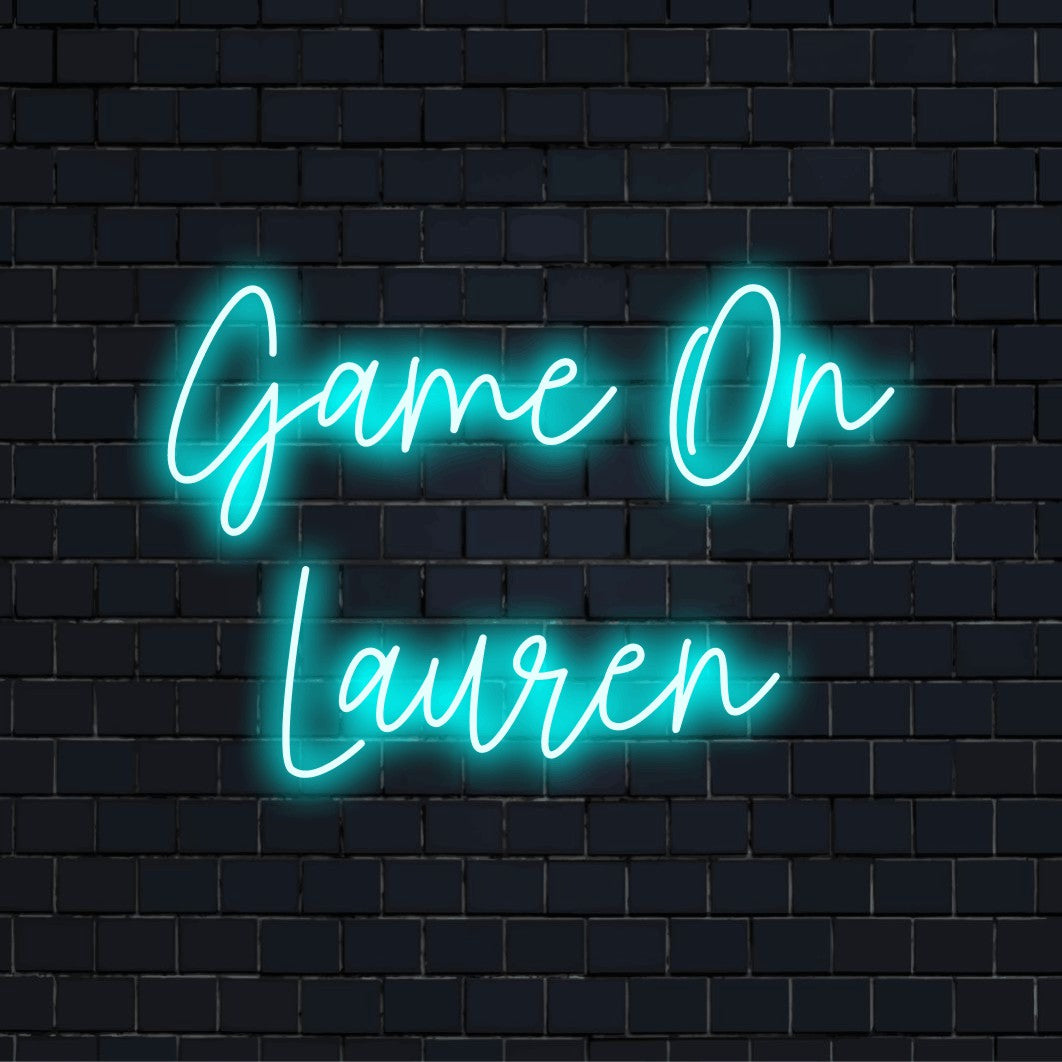 Game On Lauren Personalized LED Neon Sign, neon text light against brick backdrop