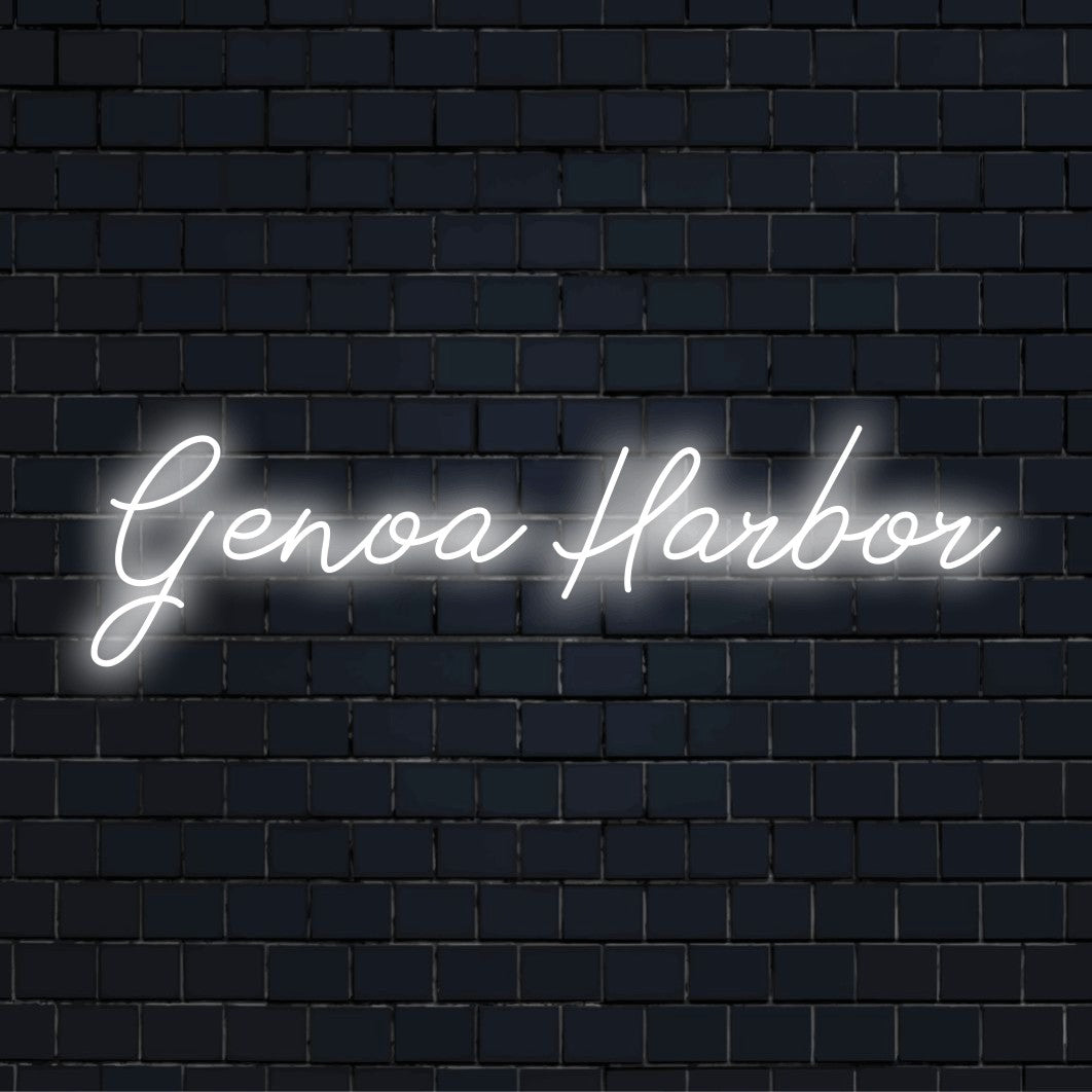 Genoa Harbor Neon Light with bright LED glow on dark brick background