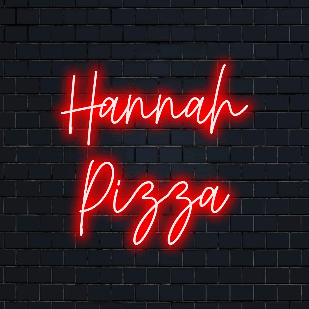 Hannah Pizza Personalized LED Neon Sign, glowing wall decor against brick backdrop
