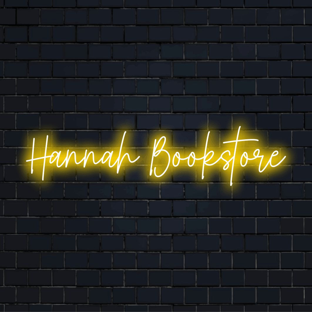 Hannah Bookstore Custom Name Neon Sign, bright LED glow on black brick background