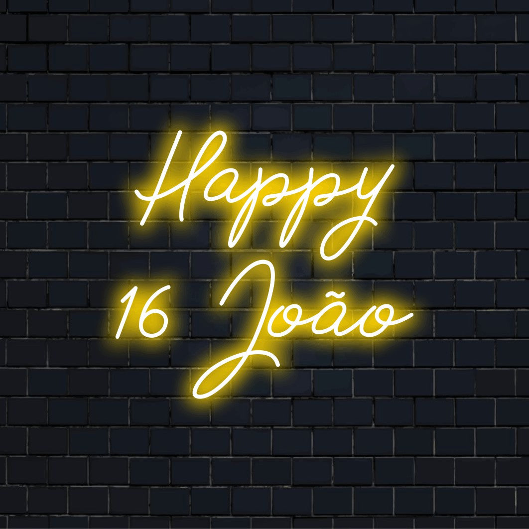 Happy 16 Joao Personalized Neon Light with soft neon glow on dark brick background