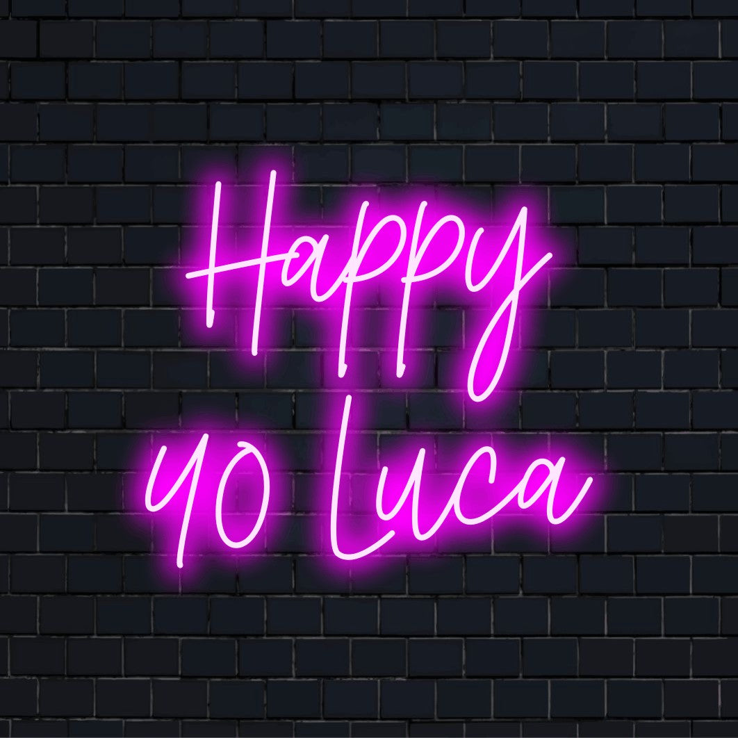 Happy 40 Luca Custom Name Neon Sign, glowing neon text on dark brick wall