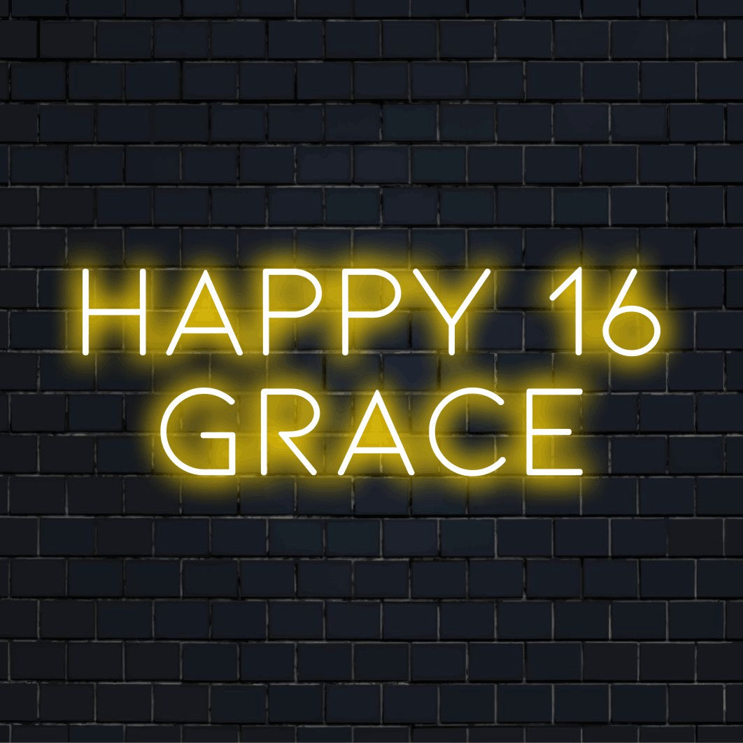 Happy 16 Grace Custom Name Neon Sign, glowing wall decor against black brick wall