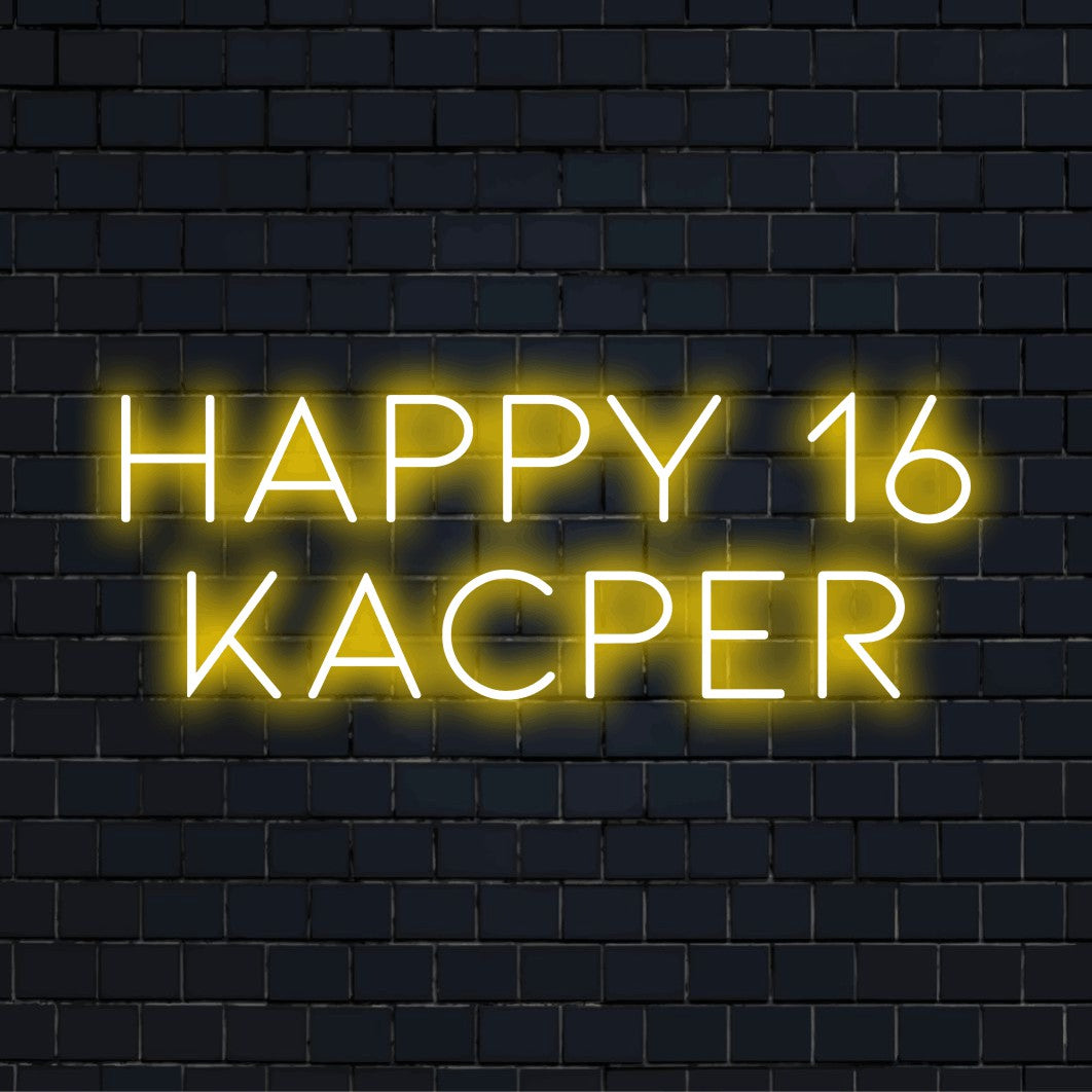 Happy 16 Kacper Personalized Neon Light with bright LED glow on dark brick wall