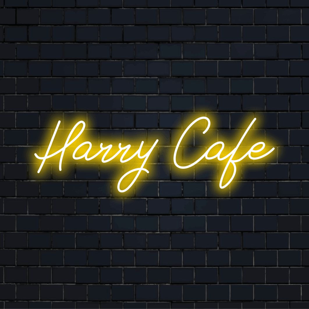 Harry Cafe Personalized LED Neon Sign, bright LED glow against black brick wall