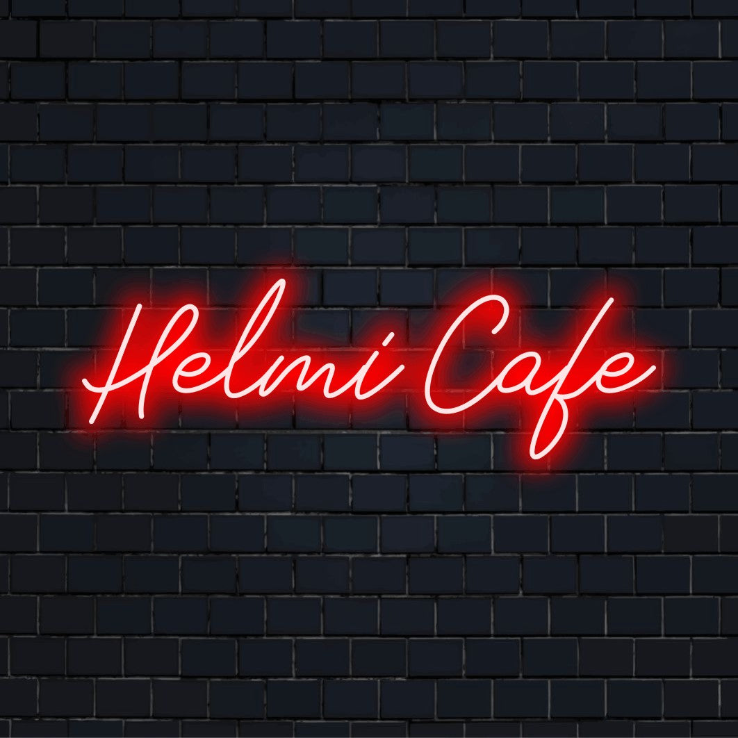 Helmi Cafe Personalized Neon Light with bright neon glow against brick backdrop