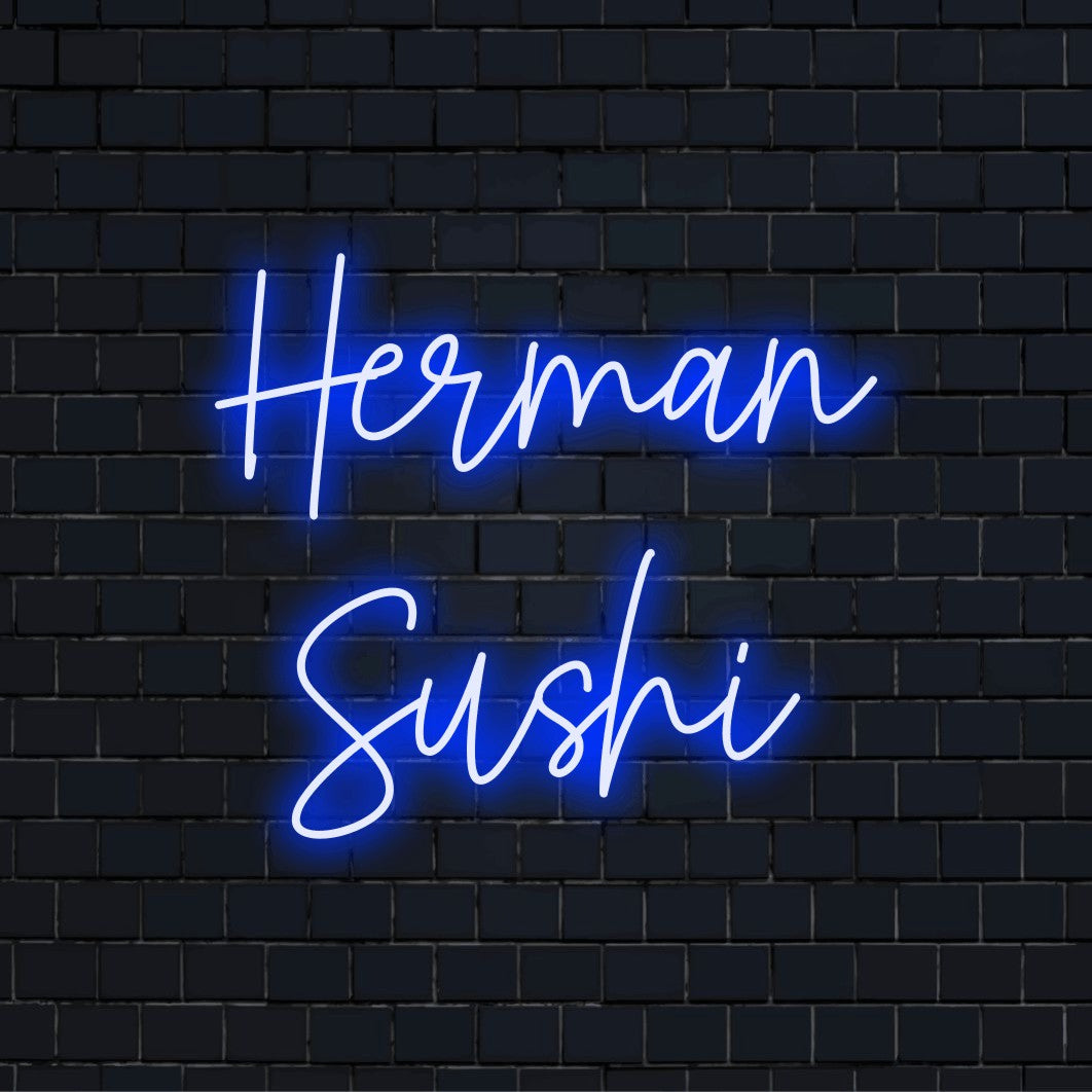 Herman Sushi Personalized LED Neon Sign, bright neon lettering on dark brick background