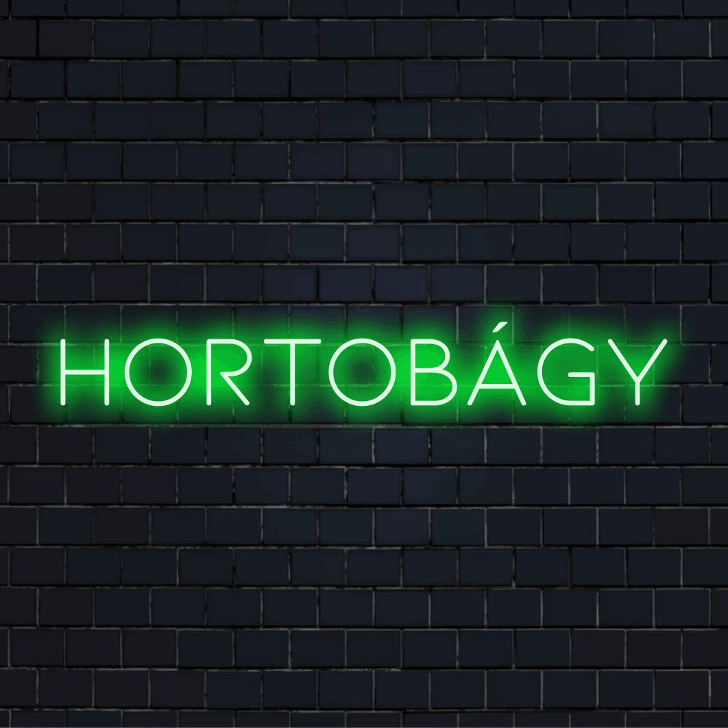 Hortob Gy Neon Sign, bright LED glow on dark brick wall