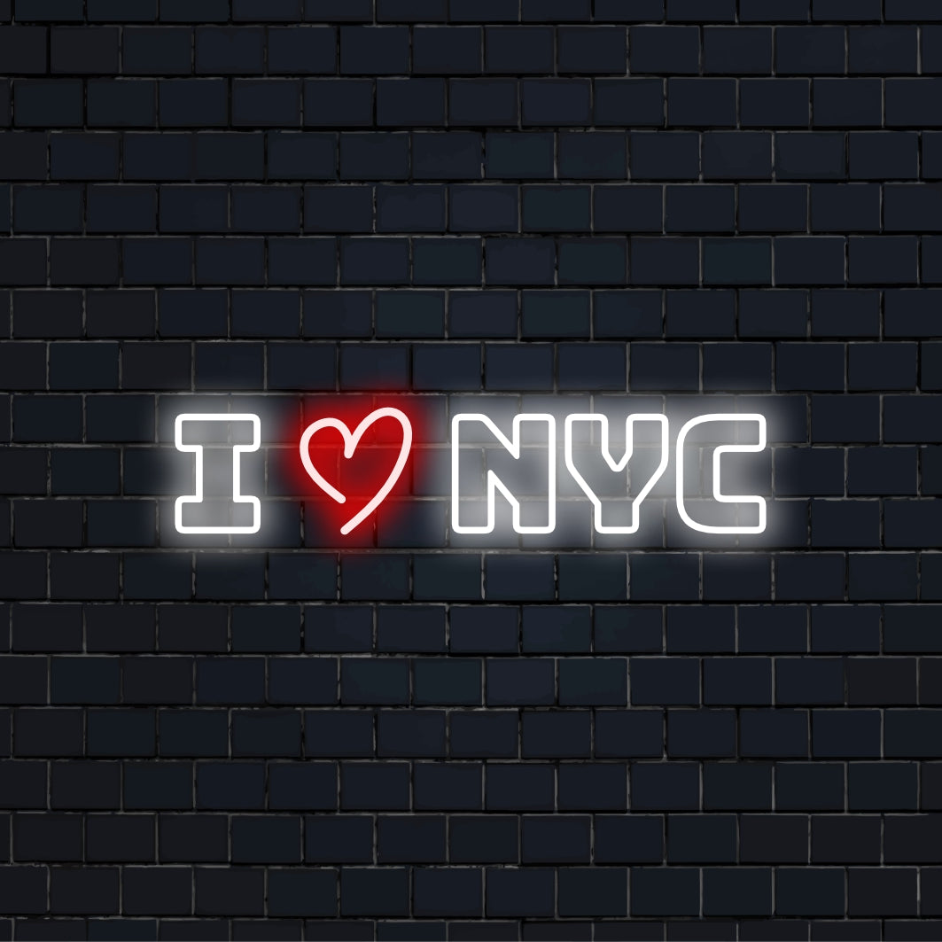 I Love Nyc LED Neon Sign, bright LED glow against black brick wall