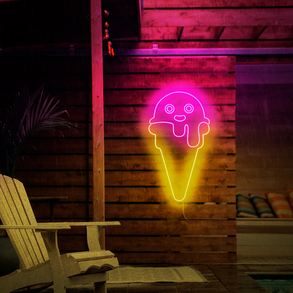 Uma placa de neon de sorvete para decoração com tema de sobremesa, emitindo uma luz vibrante e cativante.