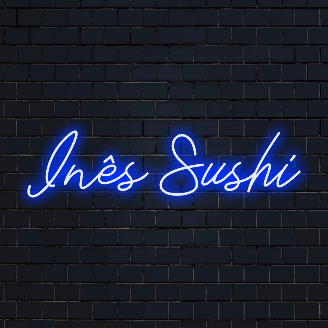 Ines Sushi Personalized LED Neon Sign, glowing neon text on dark brick background