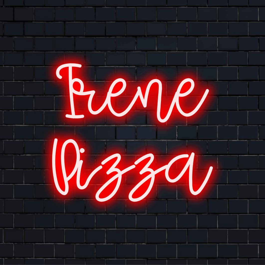 Irene Pizza Personalized LED Neon Sign, neon text light on dark brick background