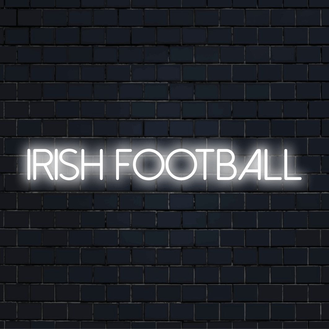 Irish Football LED Neon Sign, glowing lettering on black brick background