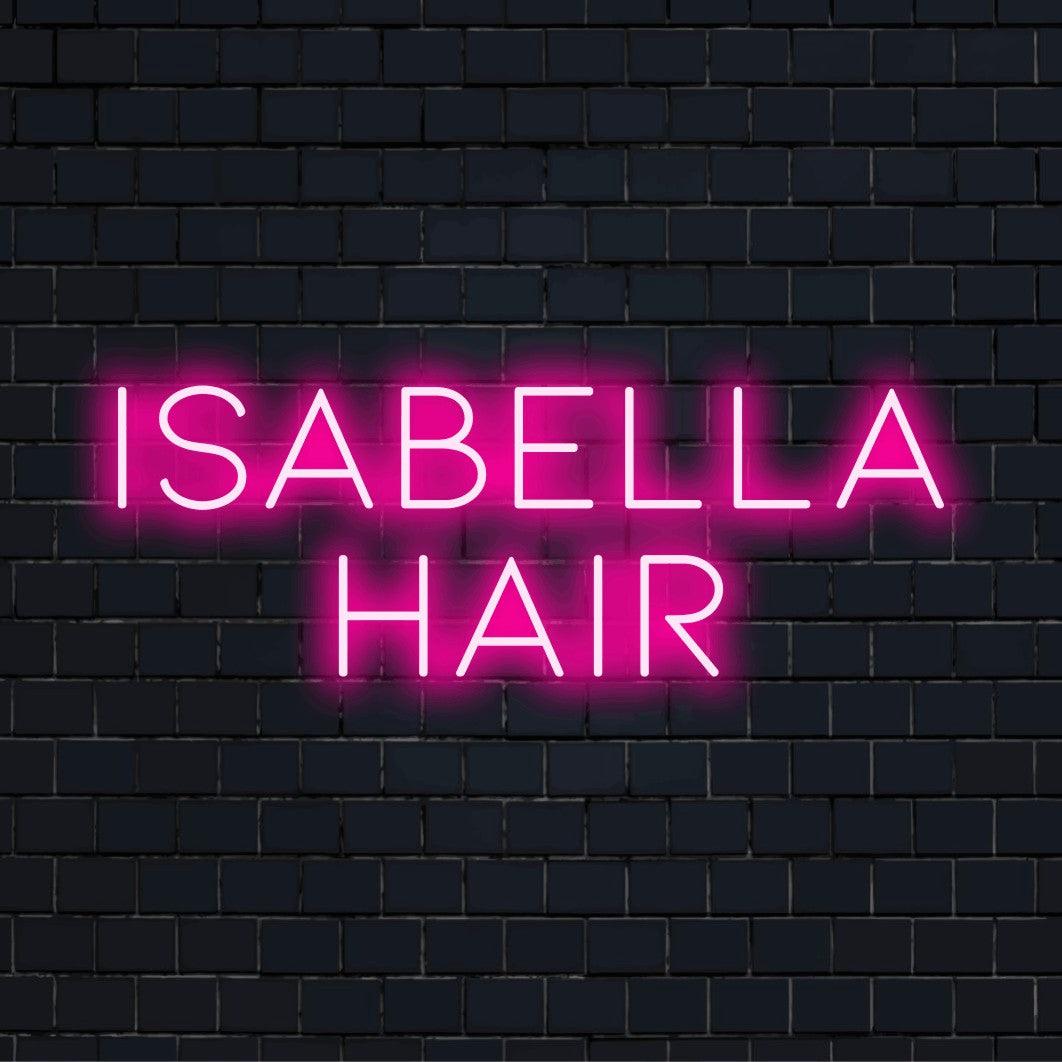 Isabella Hair Personalized Neon Light with bright LED glow on dark brick background