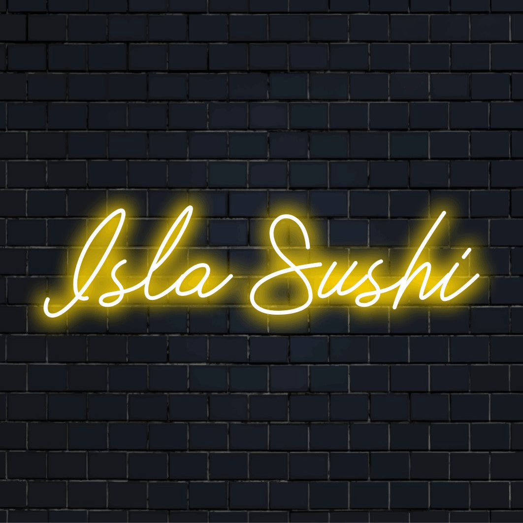 Isla Sushi Personalized LED Neon Sign, bright neon lettering against black brick wall