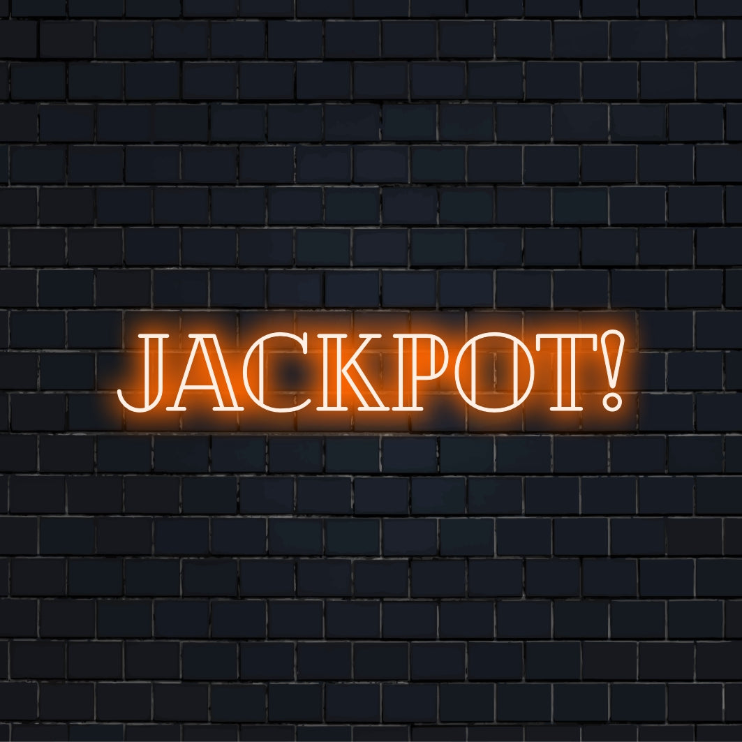 Jackpot Neon Sign, soft neon glow on dark brick background