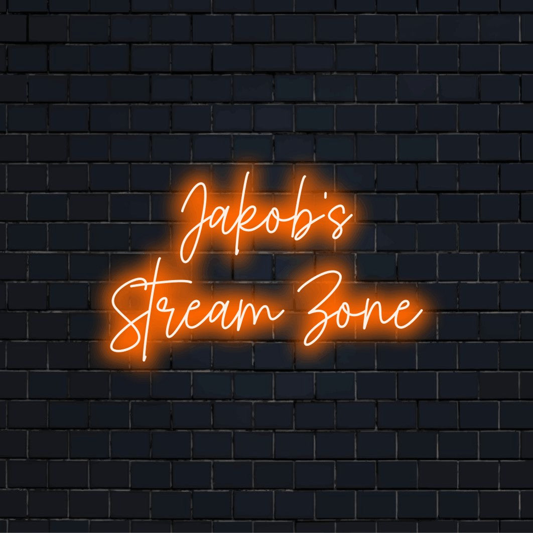 Jakob_s Stream Zone Custom Name Neon Sign, soft neon glow on dark brick background
