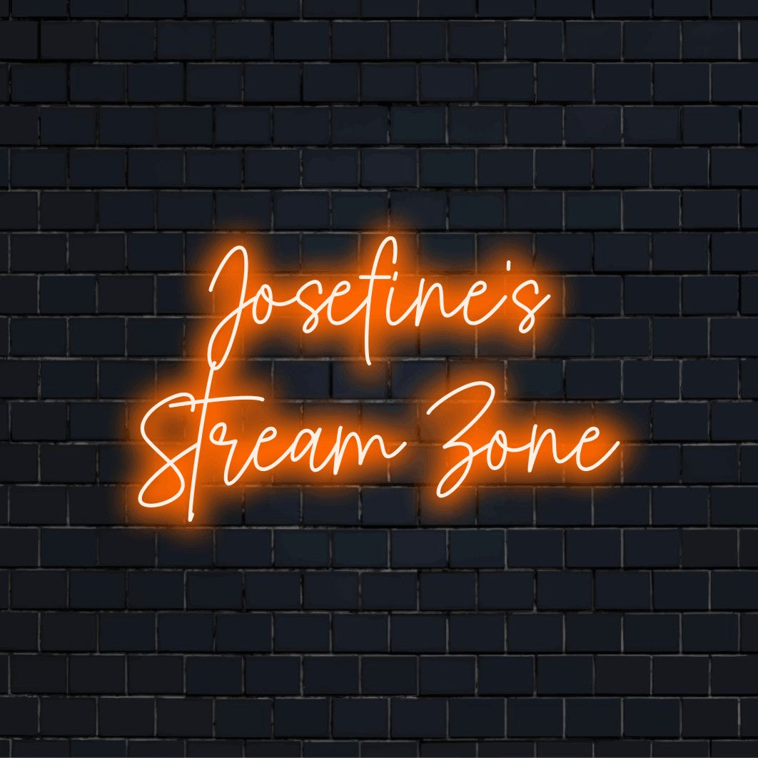 Josefine_s Stream Zone Custom Name Neon Sign, bright neon glow against brick backdrop