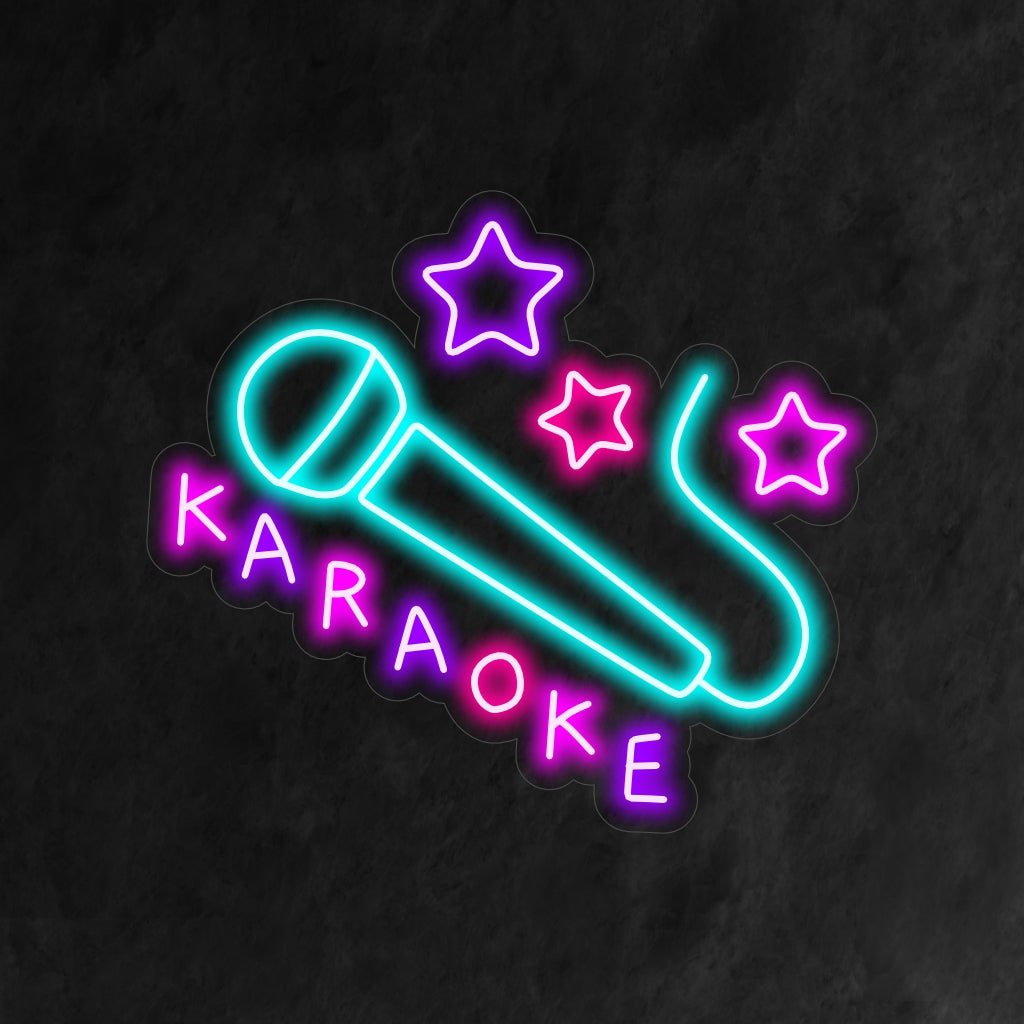 Um letreiro de neon animado para karaokê, perfeito para decoração com tema musical, irradiando uma luz vibrante e energética que prepara o cenário para uma experiência musical inesquecível.
