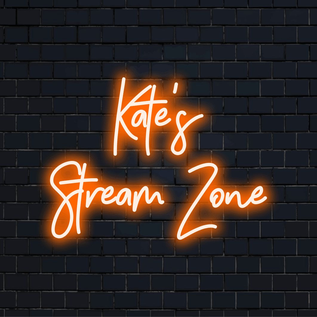 Kate_s Stream Zone Personalized Neon Light with glowing neon text on dark brick background