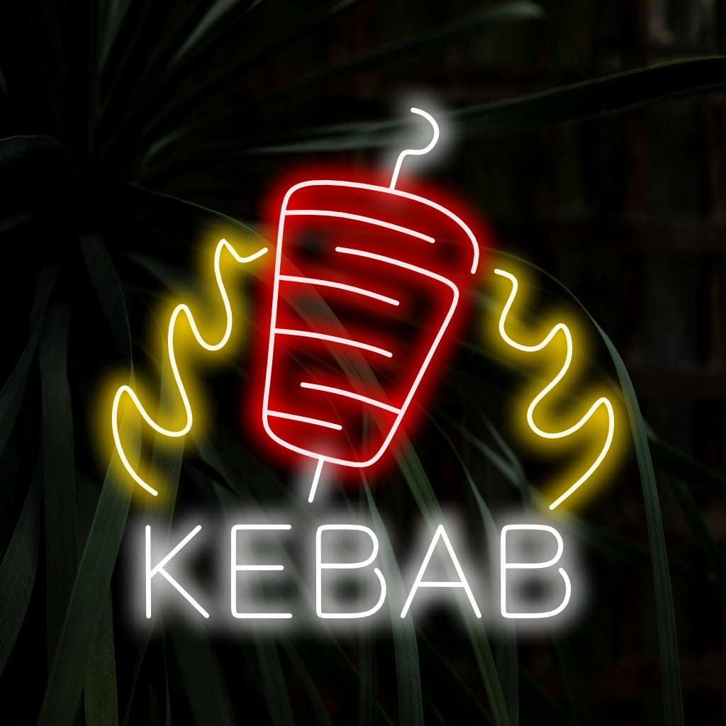 Letreiro de neon LED vibrante e chamativo com um divertido design de kebab, ideal para arte de parede exclusiva ou decoração de luz personalizada.