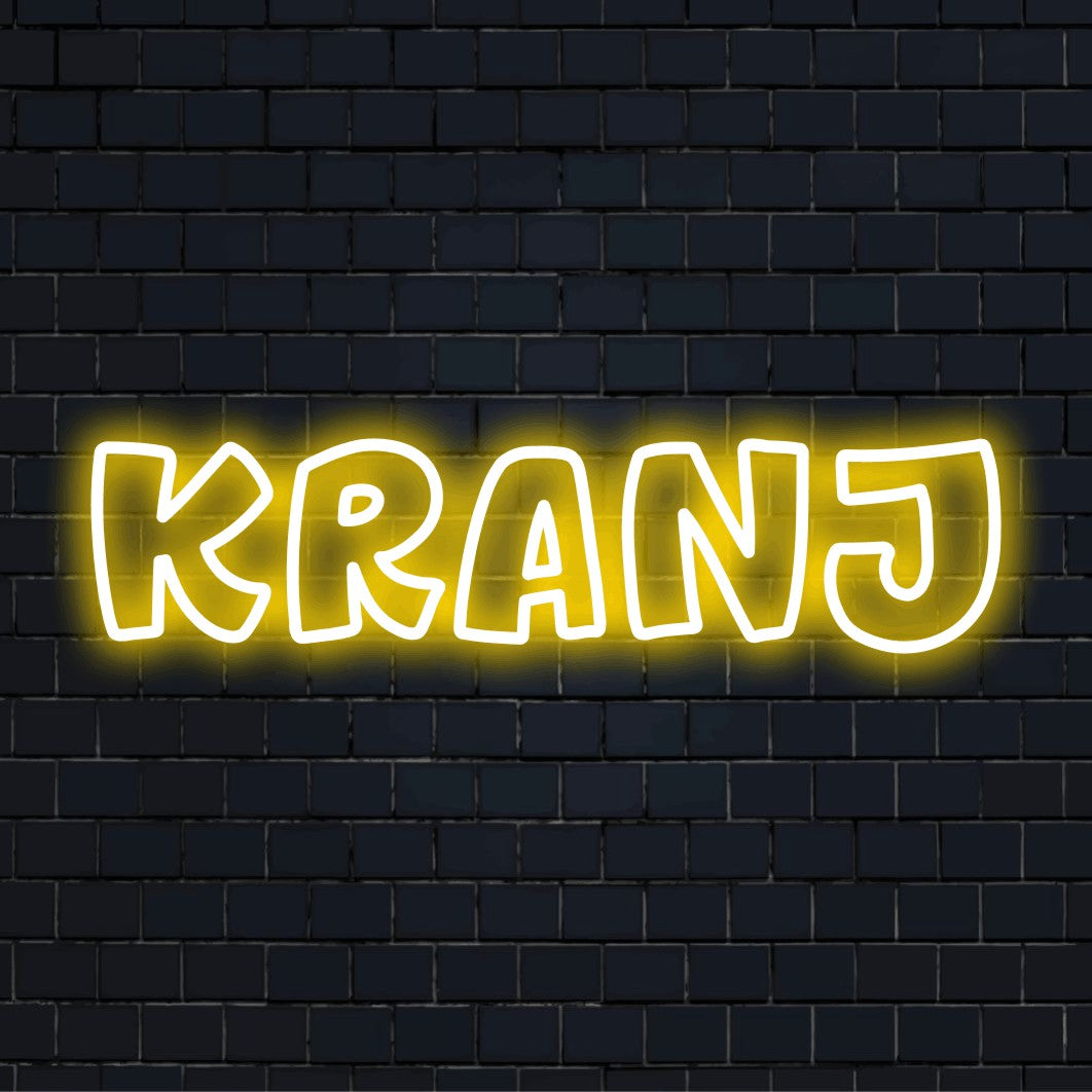 Kranj LED Neon Sign, soft neon glow against black brick wall