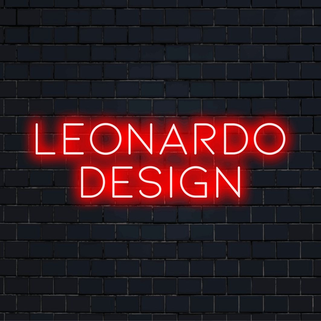 Leonardo Design Custom Name Neon Sign, soft neon glow on dark brick background