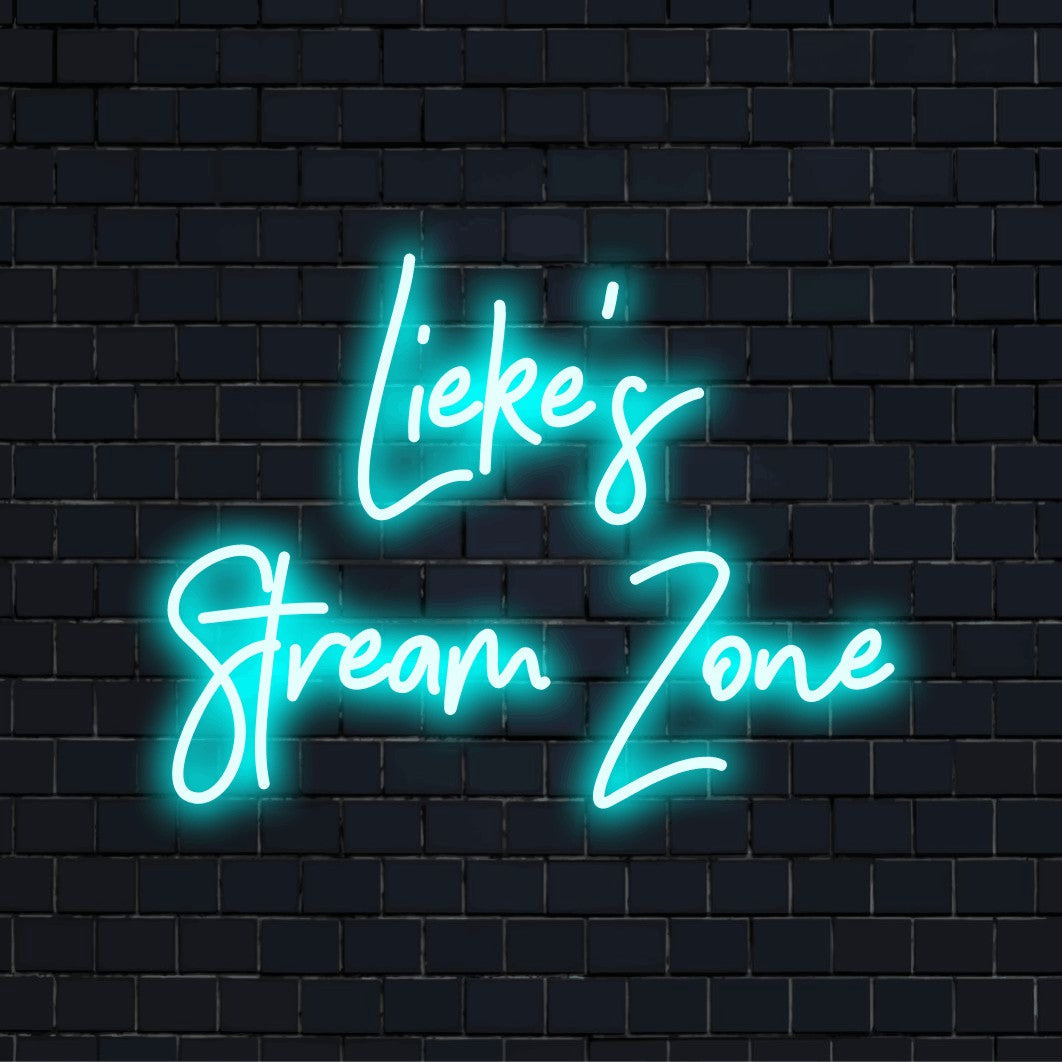 Lieke_s Stream Zone Personalized Neon Light with bright LED glow on dark brick background