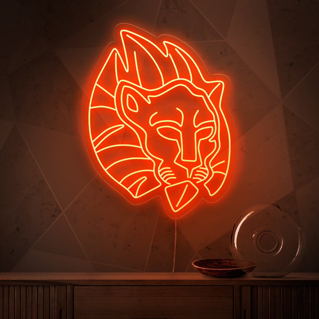 O letreiro de neon em forma de leão é um acréscimo majestoso à decoração com tema de vida selvagem, irradiando poder e emitindo uma luz cativante.