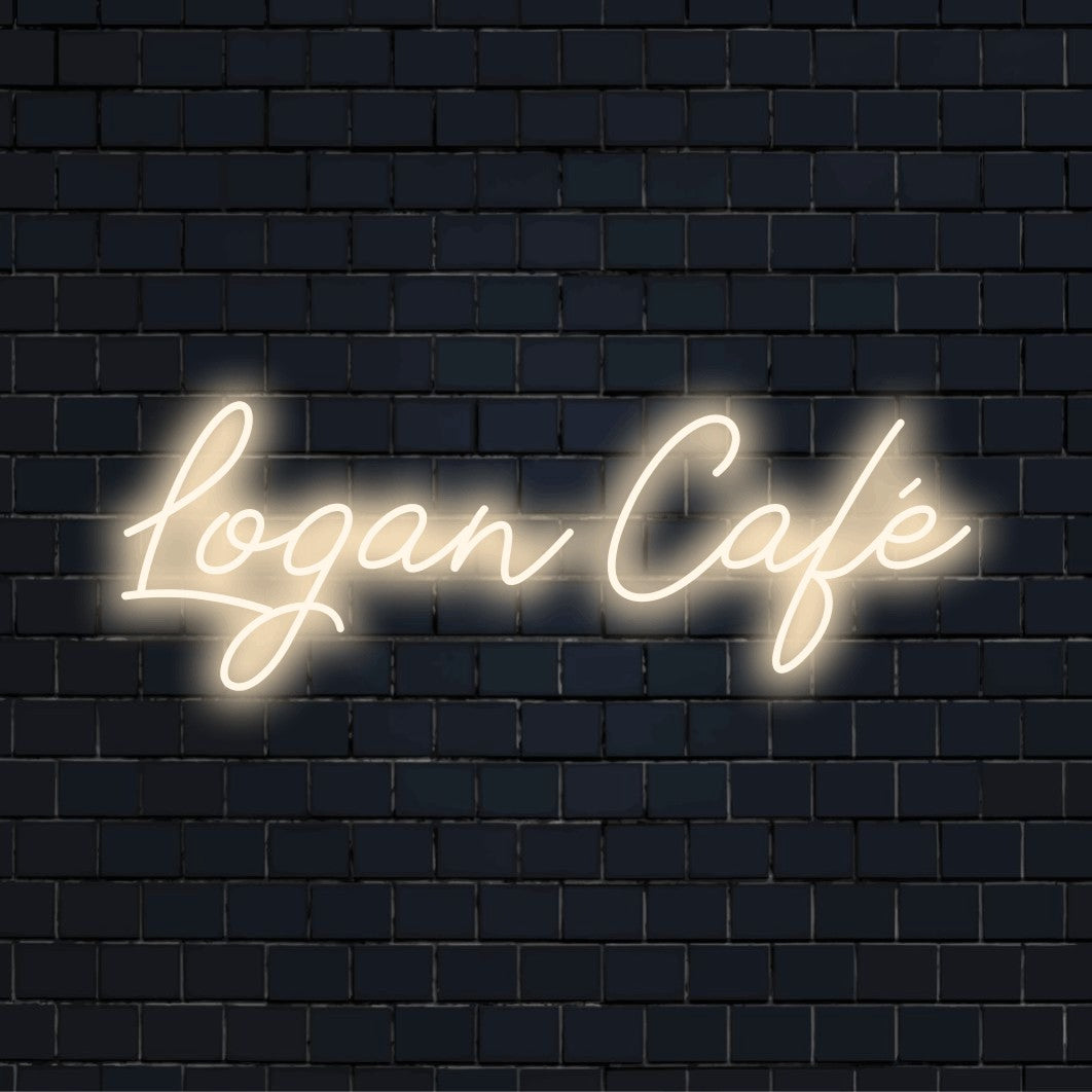Logan Cafe Personalized LED Neon Sign, soft neon glow against black brick wall