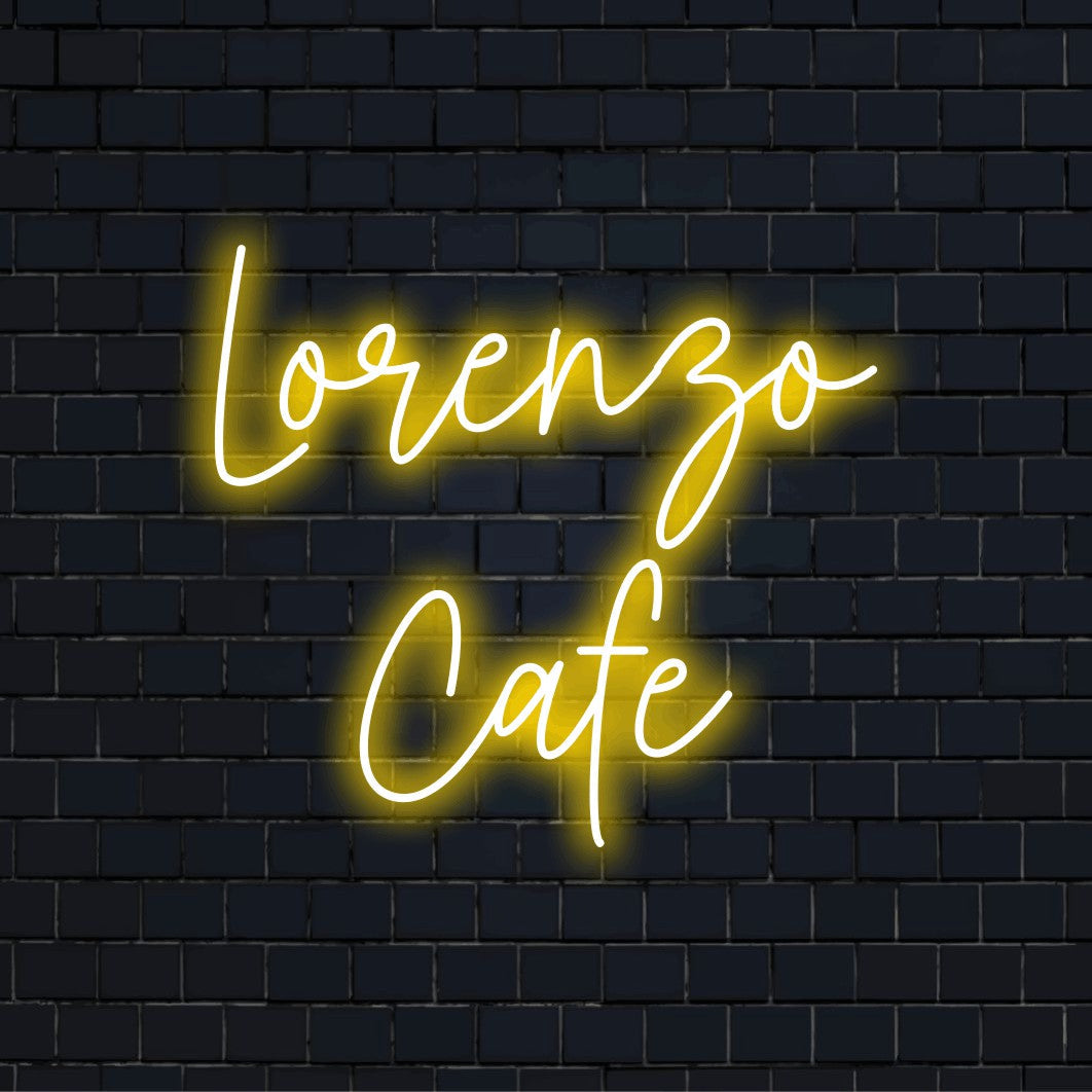 Lorenzo Cafe Personalized LED Neon Sign, neon text light on dark brick wall