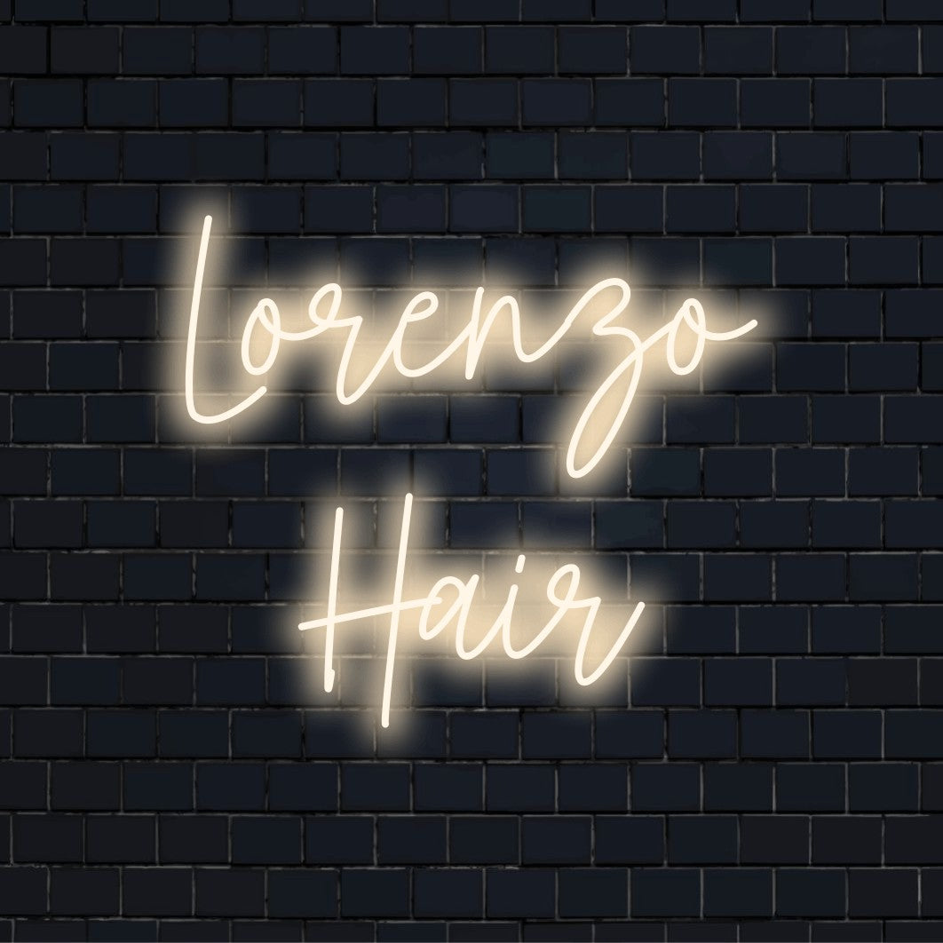 Lorenzo Hair Personalized LED Neon Sign, bright neon lettering on dark brick background