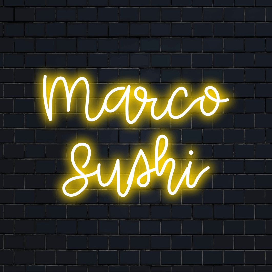 Marco Sushi Personalized LED Neon Sign, soft neon glow against black brick wall