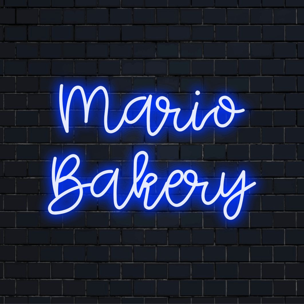 Mario Bakery Personalized LED Neon Sign, neon text light on black brick background
