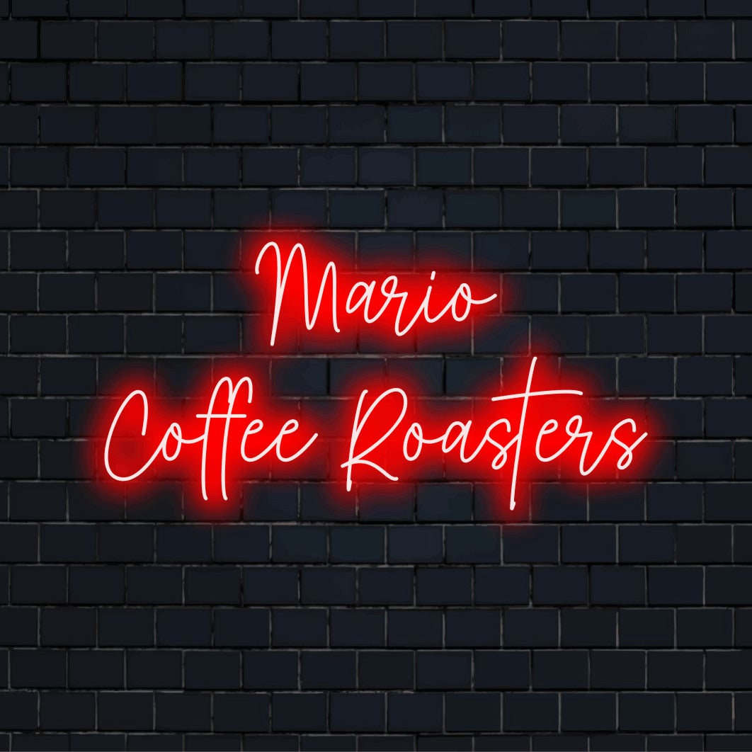 Mario Coffee Roasters Custom Name Neon Sign, glowing wall decor against black brick wall