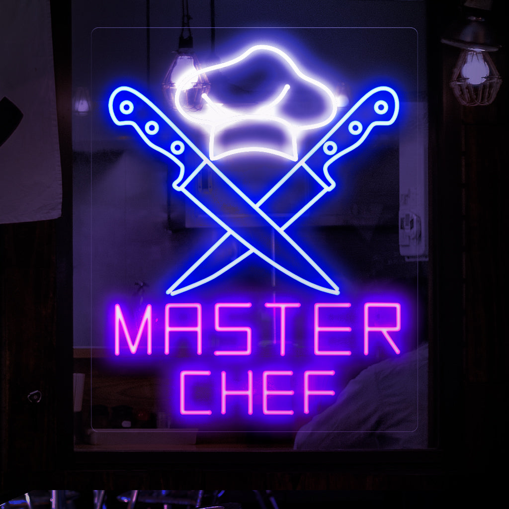 Um letreiro de neon cativante com tema de chef, que adiciona um toque de inspiração culinária a qualquer ambiente com sua luz vibrante e dinâmica. Perfeito para entusiastas da culinária e decoração com tema gastronômico.