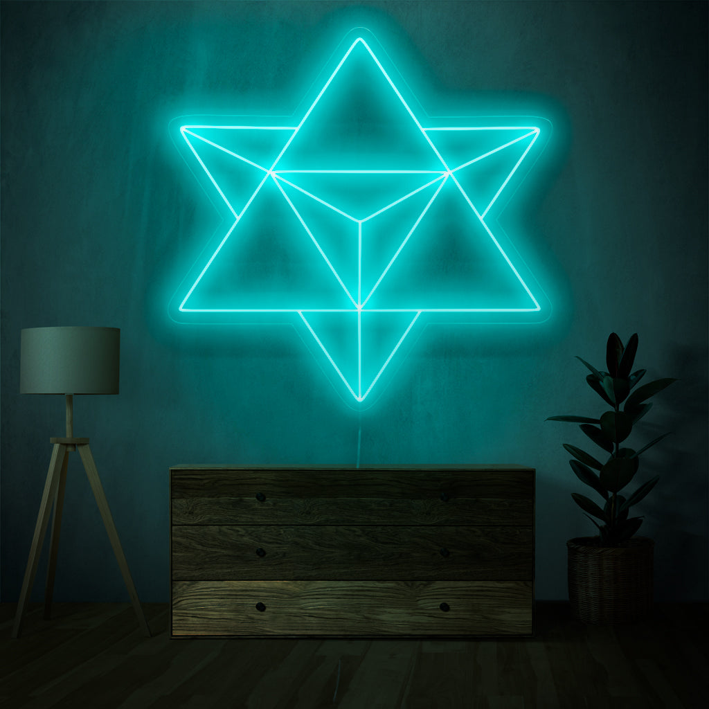 O letreiro de neon Merkaba é uma adição transcendente à decoração com tema espiritual, emanando uma sensação de energia divina e emitindo uma luz cativante.