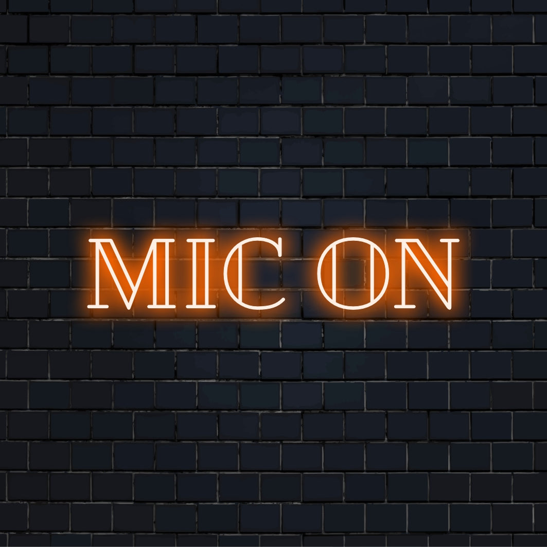 Mic On Neon Sign, glowing wall decor on dark brick background