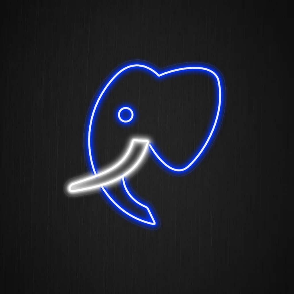 Uma placa de neon elegante e minimalista representando a silhueta de um elefante.