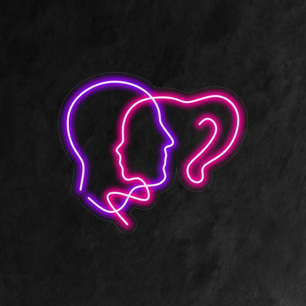 Um letreiro de neon minimalista com retrato de casal e rostos masculinos e femininos interligados.