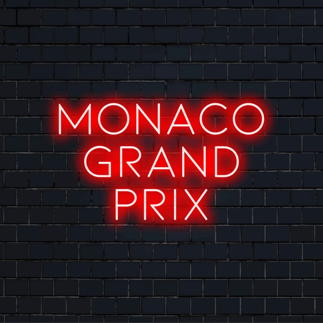 Monaco Grand Prix Neon Sign, bright neon glow on black brick background
