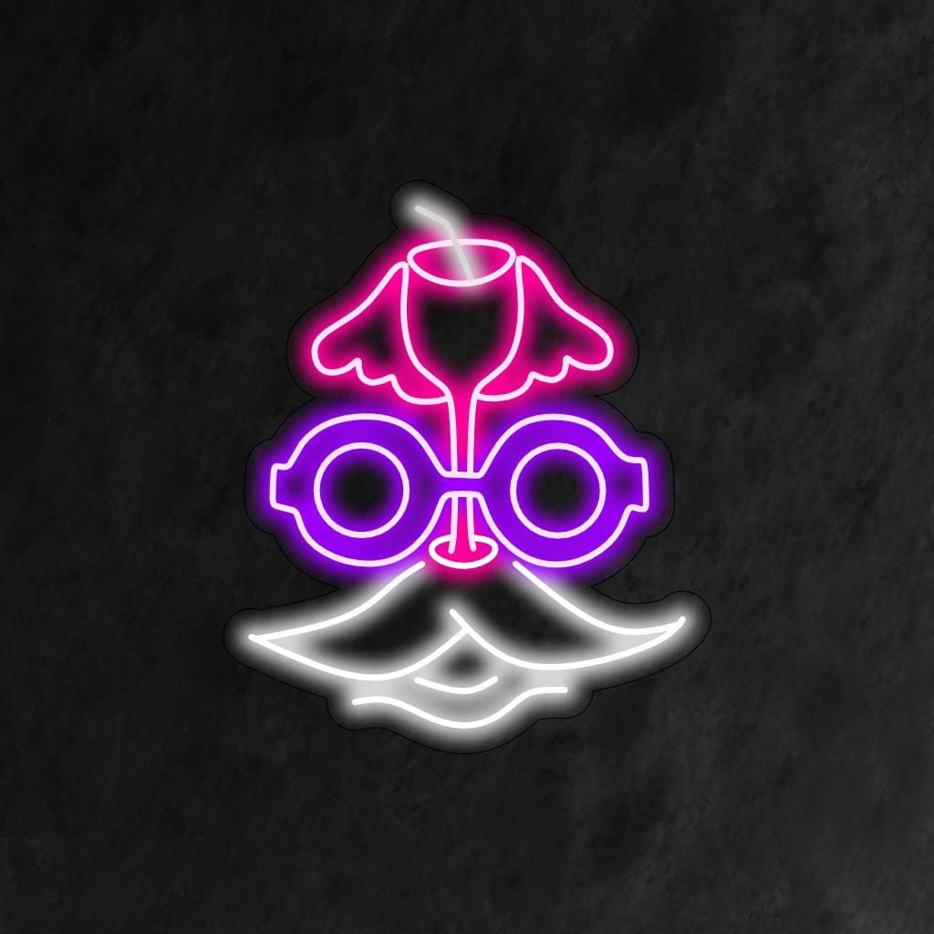 Uma placa de neon com inspiração retrô, com um rosto charmoso, um bigode estiloso, óculos modernos e um coquetel na mão.