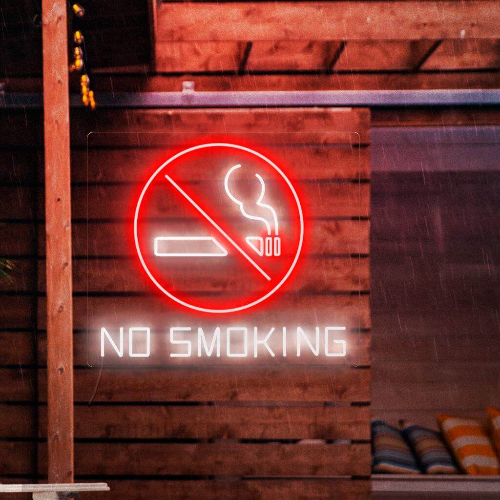 Uma impressionante placa de neon com um símbolo de proibição com um cigarro aceso dentro, acompanhado das palavras "Proibido Fumar".