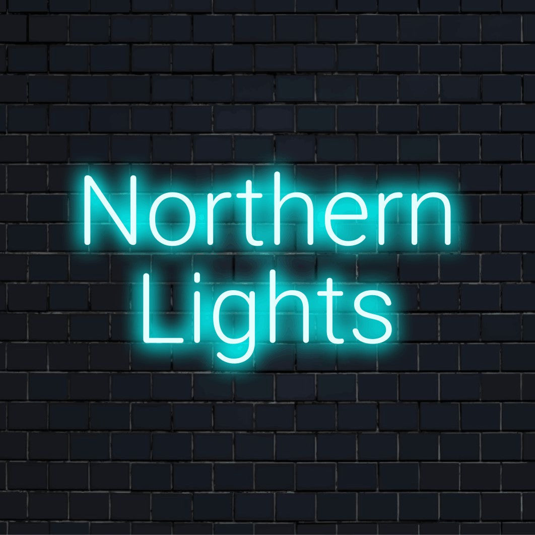 Northern Lights LED Neon Sign, bright neon lettering on black brick background