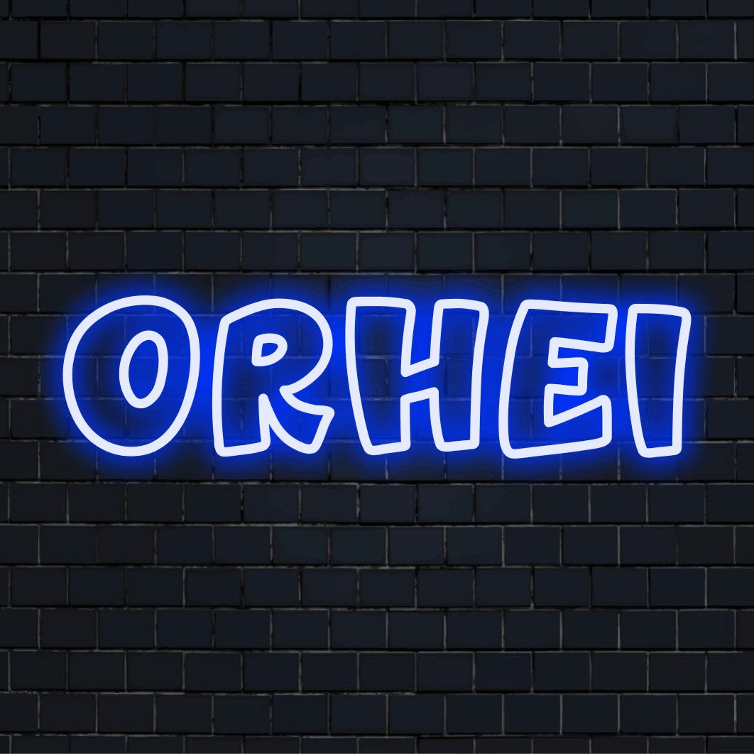 Orhei Neon Light with bright neon glow on dark brick background