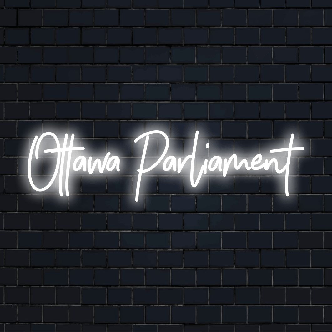 Ottawa Parliament Neon Sign, glowing neon text on black brick background