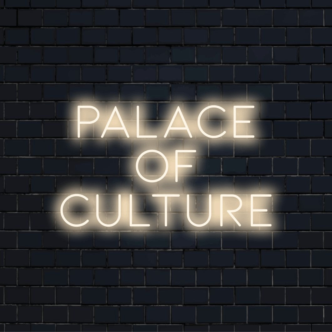Palace Of Culture LED Neon Sign, glowing wall decor against black brick wall